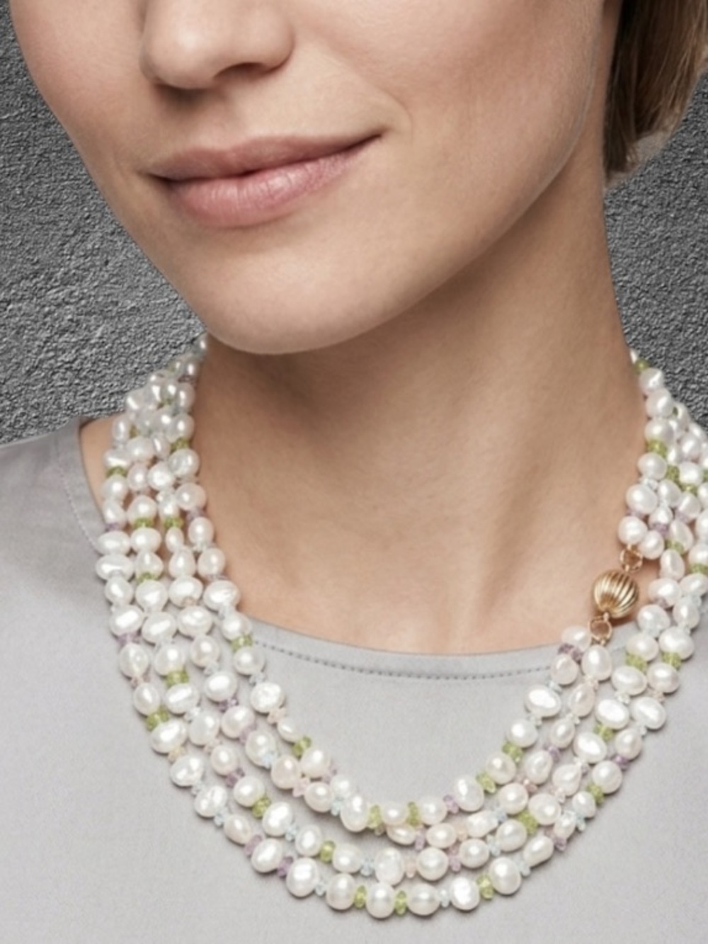 14k Triple strand Pearl and gem necklace 14k ball clasp